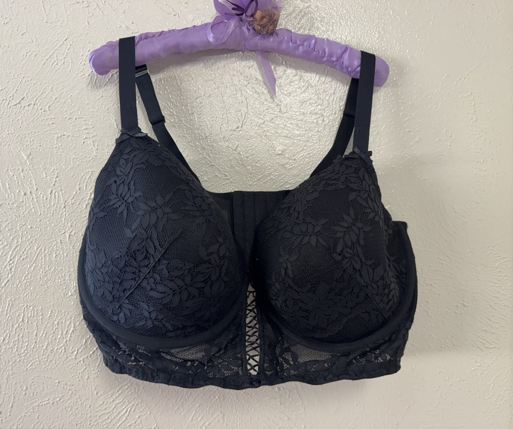 Women's Plus Cacique Black Lace Lightly Lined Balconette Longline Bra Size 44H